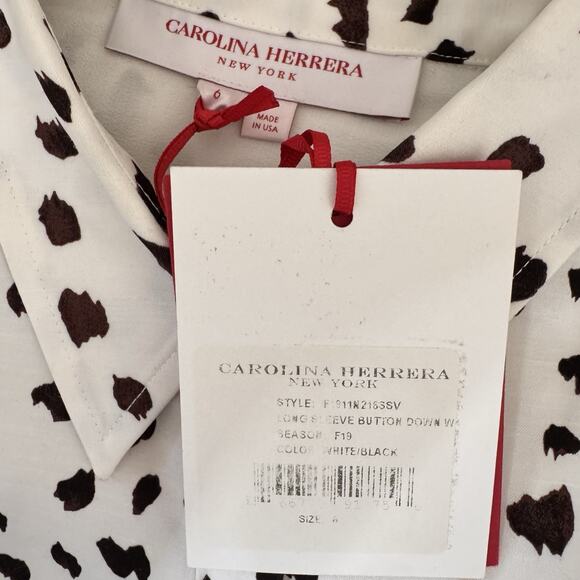 Carolina Herrera Polka Dot Button Down Blouse White Black Viscose Sz 6 NWT - Picture 9 of 11